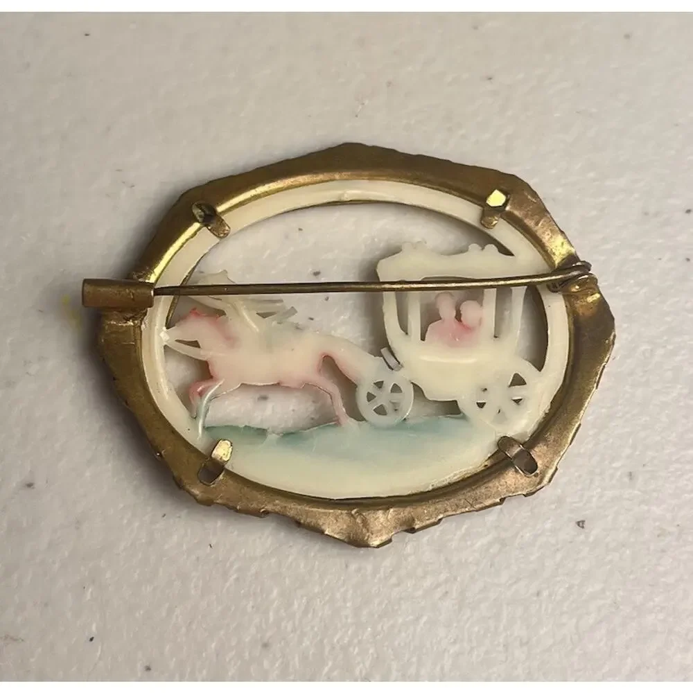 Celluloid Lovers Chariot Brass Frame Colored Carved Brooch Pin Carriage Vintage
